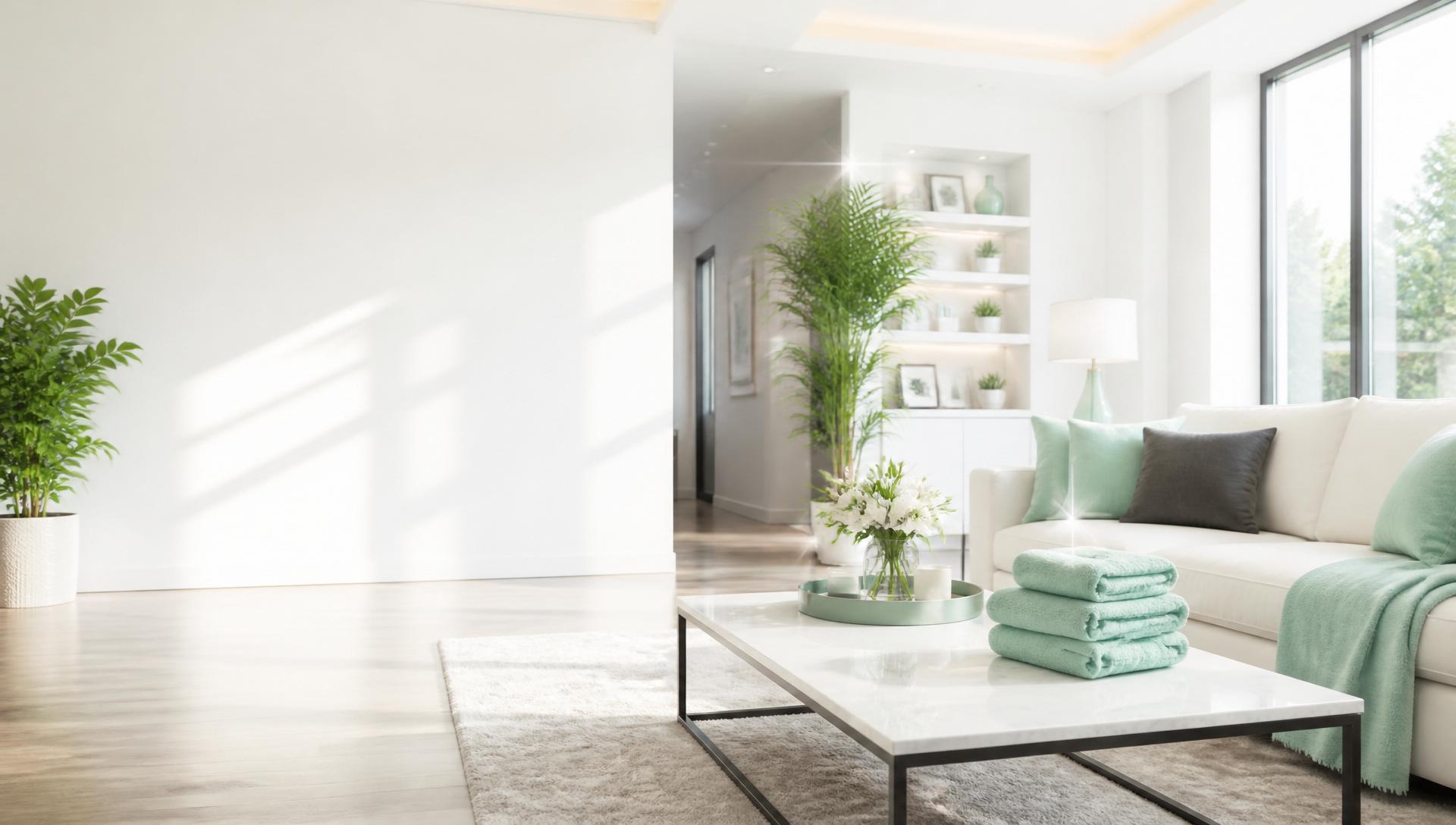 Bright, pristine living room after a professional cleaning